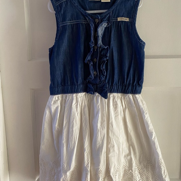 Classic denim dress. Denim top with white cotton skirt. - Picture 1 of 5